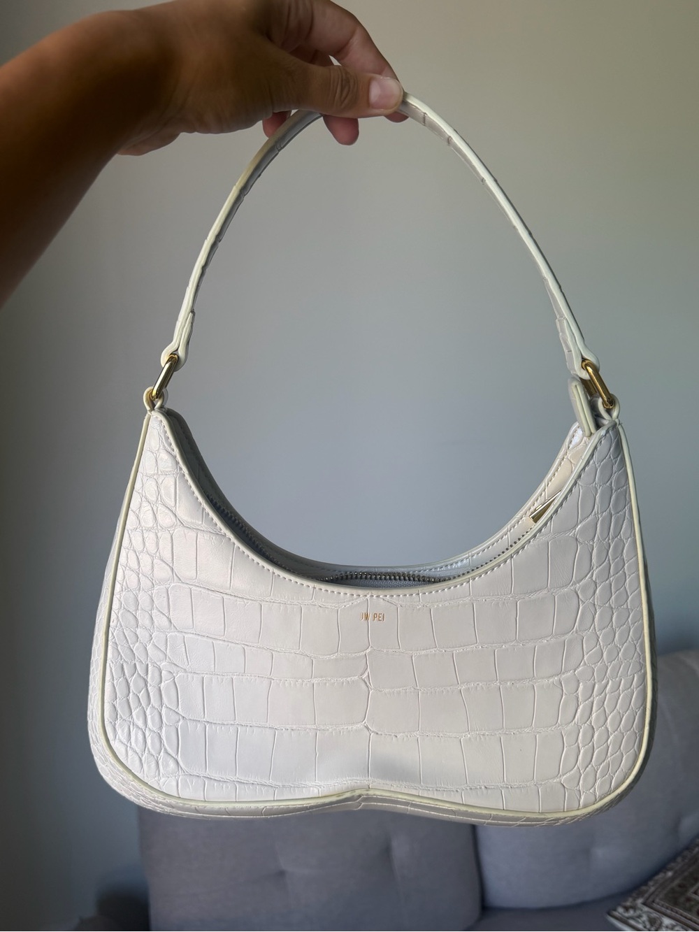 JW PEI White Croc-Embossed Shoulder Bag with Gold Hardware